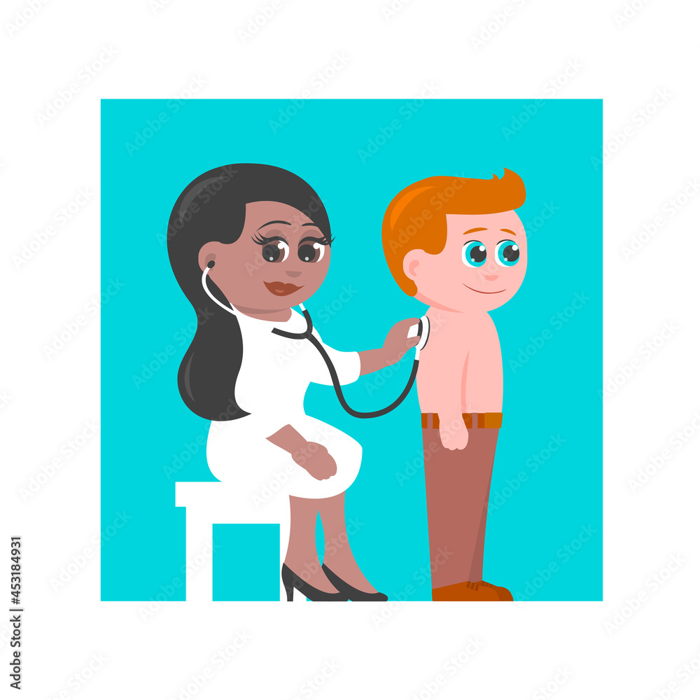 African American woman pediatrician in a medical suit and a little boy. The doctor listens to the breath using a phonendoscope. Cartoon cute illustration African American woman pediatrician in a medical suit and a little boy. The doctor listens to the breath using a phonendoscope. Cartoon cute illustration