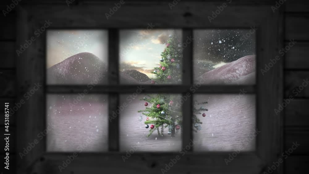 Animation of window view of christmas tree and winter landscape Animation of window view of christmas tree and winter landscape
