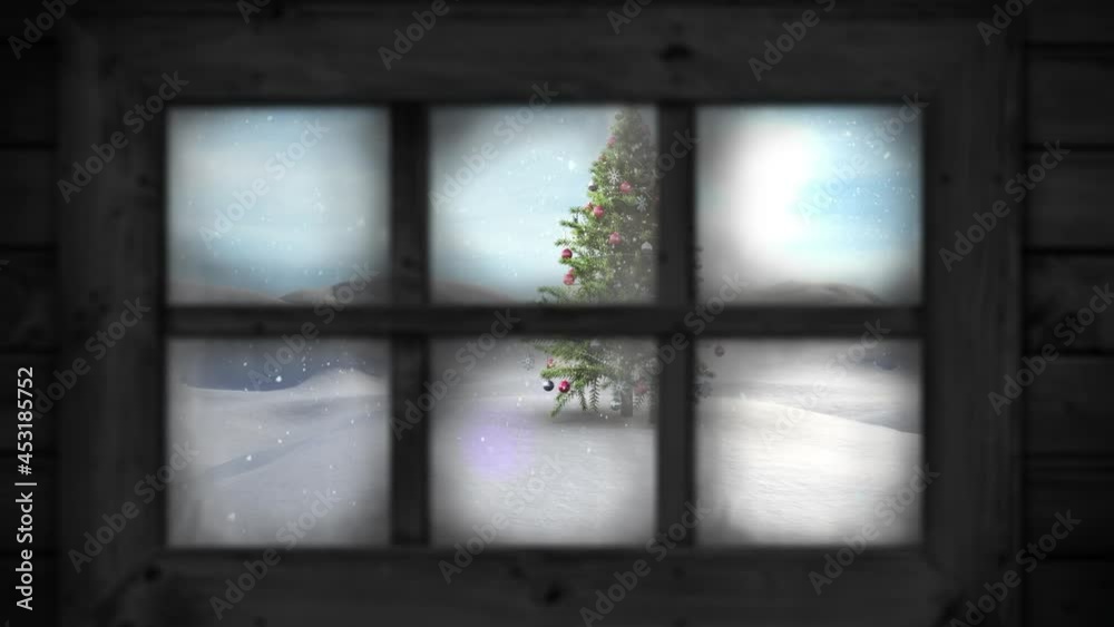 Animation of window view of christmas tree and winter landscape Animation of window view of christmas tree and winter landscape