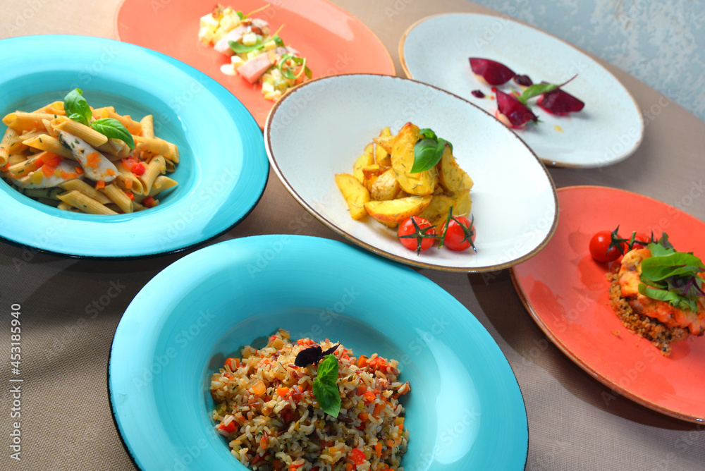 assorted dishes.Top view. assorted dishes.Top view.