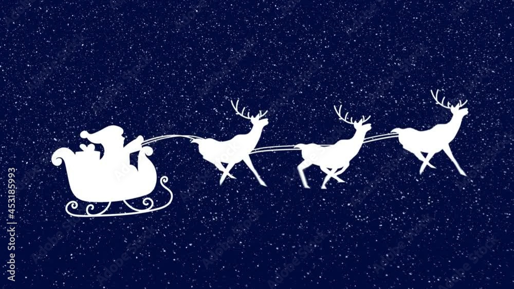 Animation of santa claus in sleigh with reindeer moving over falling snow Animation of santa claus in sleigh with reindeer moving over falling snow