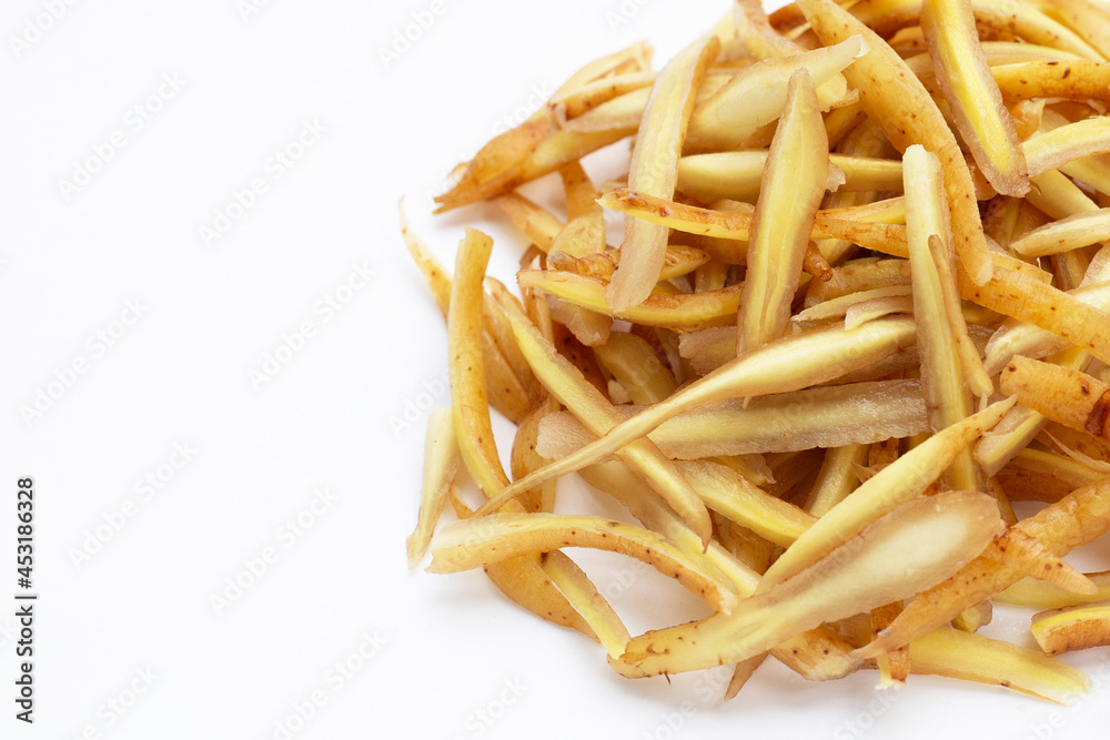 Sliced fingerroot on white background. Sliced fingerroot on white background.