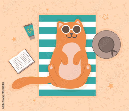 Cat lying on beach. Fluffy cat in sunglasses resting and sunbathing. Vacation and relaxation time. Design element for postcards, banners and social networks. Cartoon texture flat vector illustration