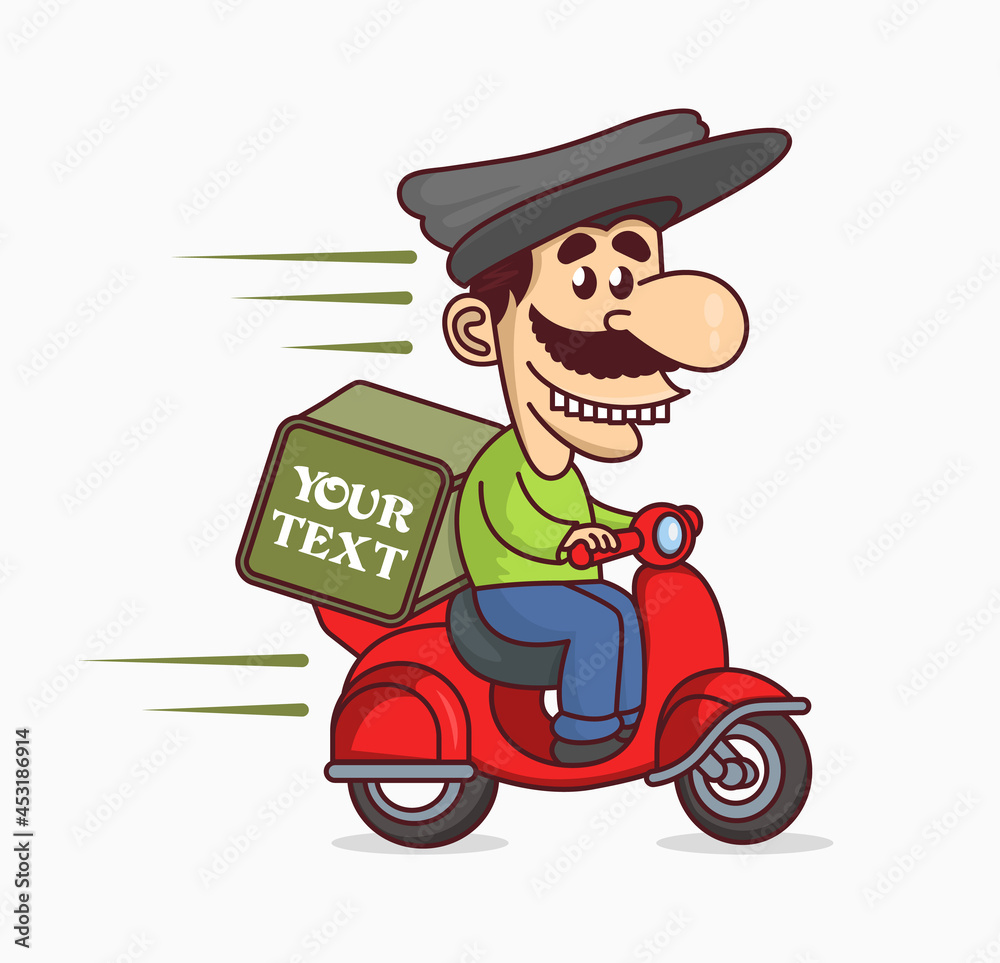Obraz premium Food delivery moto scooter. Georgian driver with backpack behind back is on his way to deliver food. Courier on scooter delivering food. Quick shipping of goods to customers.