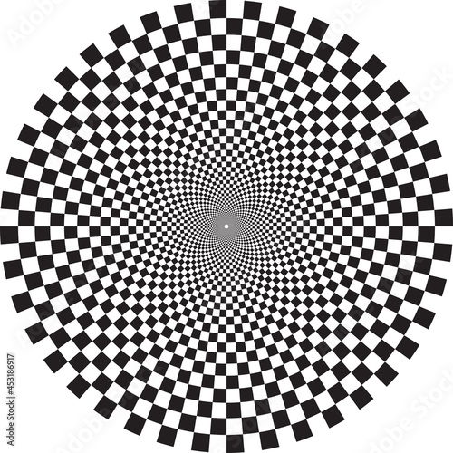 Checkered Spiral board. Abstract 3d black and white optical illusion. Pattern or background with wavy distortion effect