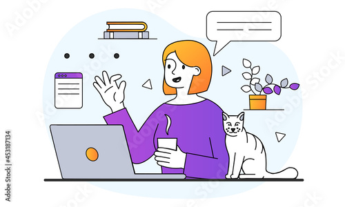 Home Office concept. Woman sitting at table, drinks hot coffee and greets her colleagues via video link. Remote work on laptop. Cartoon doodle flat vector illustration isolated on a white background