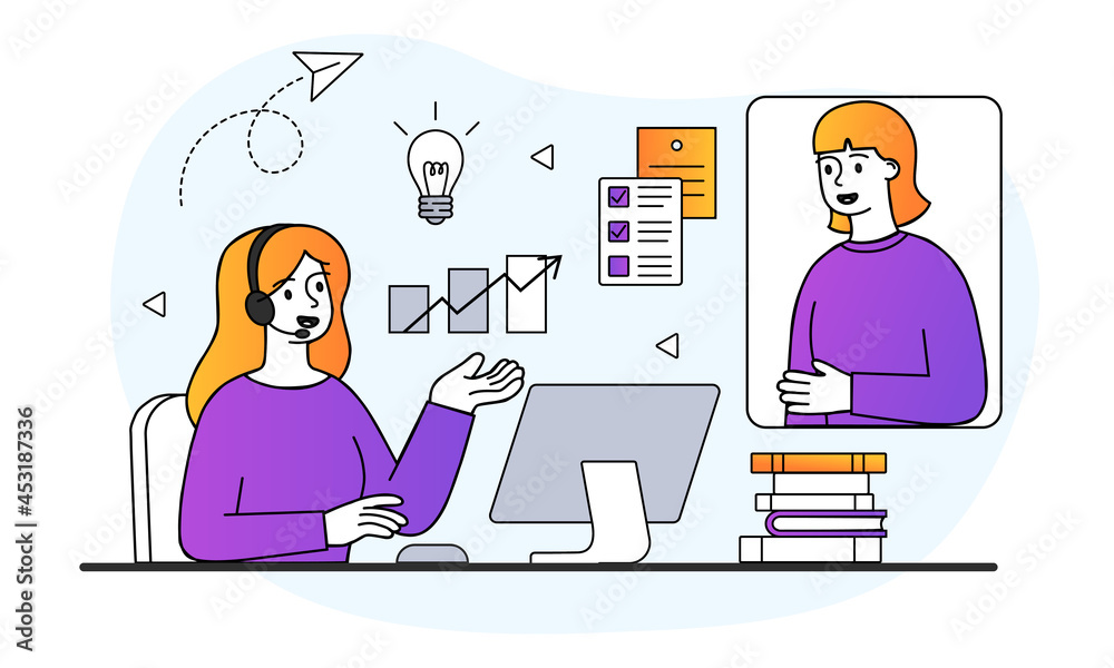 Distance learning concept. Woman sitting at desk and taking online lesson on computer. Remote education. Communication with teacher. Cartoon doodle flat vector illustration on white background Distance learning concept. Woman sitting at desk and taking online lesson on computer. Remote education. Communication with teacher. Cartoon doodle flat vector illustration on white background
