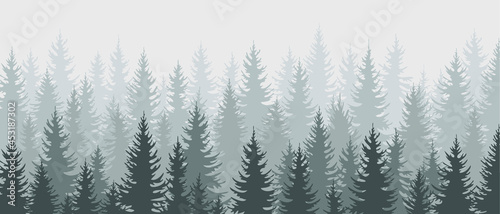 Fir forest horizontal background. Silhouette of coniferous evergreen trees in the morning fog. Natural banner, postcard, poster, advertisement, vacation, camp, tourism. Vector illustration