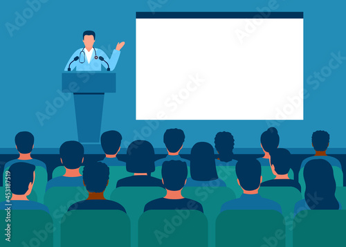 Doctor giving speech on conference, medicine seminar from tribune with microphone for audience. Medicine healthcare. People group on conference meeting, presentation of medical science in hall. Vector