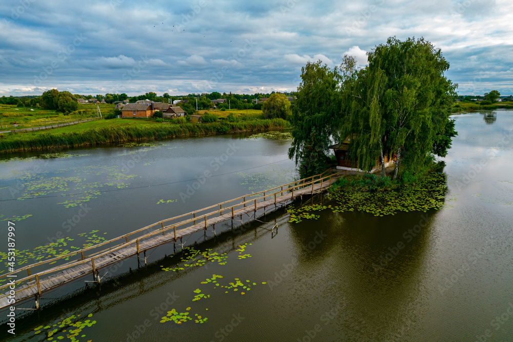 Aerial view of a fishing house on the lake