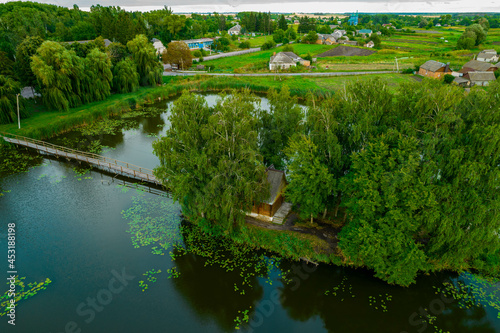 Aerial view of a fishing house on the lake