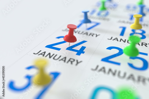 January 24 date and push pin on a calendar, 3D rendering