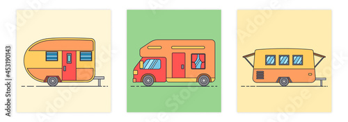 Colorful Camper RV. Mobile home for country and nature vacation and rest. Road home Trailer. Modern collection of posters for decorating walls. Cartoon flat vector set isolated on a white background