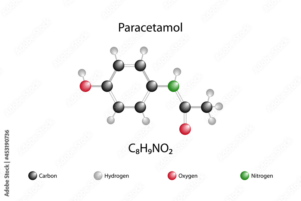 Molecular formula of paracetamol. Paracetamol (acetaminophen) is a drug active ingredient that