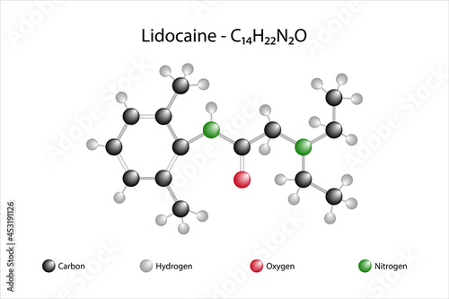 Molecular formula of lidocaine. Lidocaine is a drug used to numb the tissue in a particular area. photo