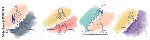 Collection of women doing yoga at home, meditation relaxation process, sports fitness without leaving home, set of yoga positions, cozy yoga, linear illustration, doodle style, vector watercolor spots