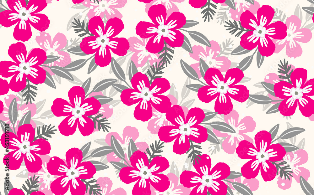 Seamless floral pattern based on traditional folk art ornaments. Colorful flowers on light background. Scandinavian style. Sweden nordic style. Vector illustration. Simple minimalistic pattern