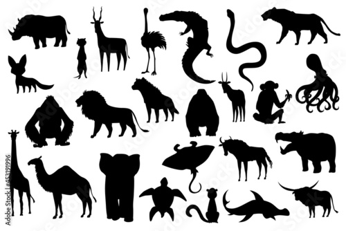 Collection of cute animals. Hand drawn silhouette animals which are common in Africa. Icon set isolated on a white background