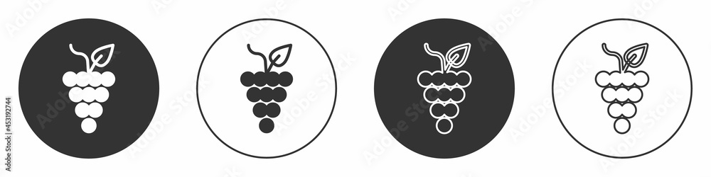 Black Bunch of grapes icon isolated on white background. Circle button. Vector Black Bunch of grapes icon isolated on white background. Circle button. Vector