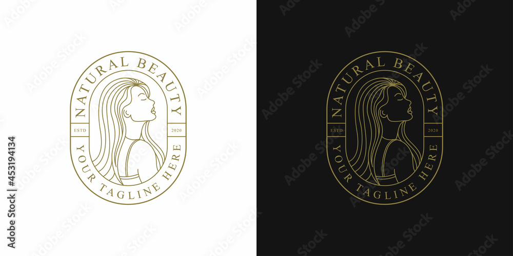 Beautiful woman logo design template. Badge, Hair, girl, leaf, flower. Abstract design concept for beauty salon, cosmetic and spa
