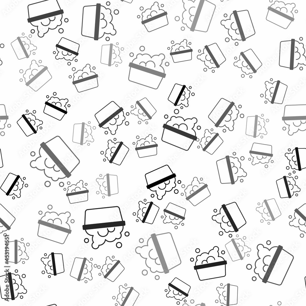 Fototapeta premium Black Plastic basin with soap suds icon isolated seamless pattern on white background. Bowl with water. Washing clothes, cleaning equipment. Vector