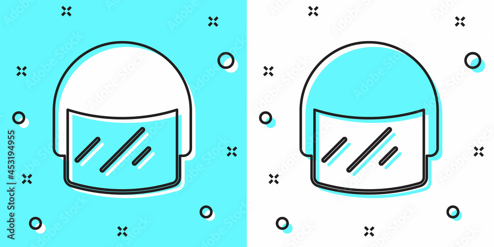 Black line Police helmet icon isolated on green and white background. Military helmet. Random dynamic shapes. Vector