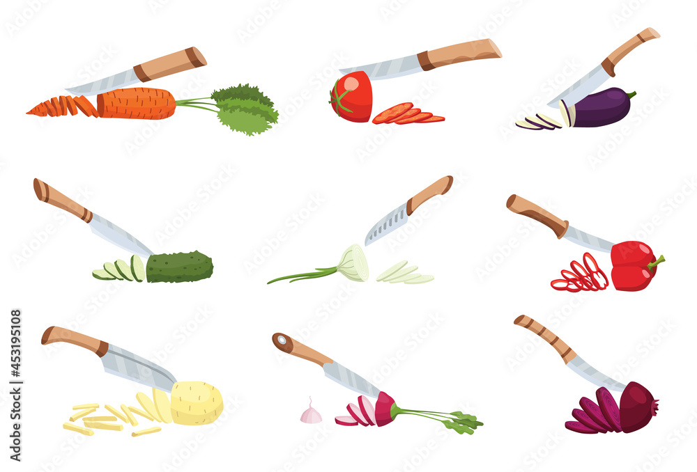 Collection of sliced vegetable. Slicing by knife. Cutting isolated on white background. Prepare to cooking. Chopped fresh nutrition in cartoon flat style