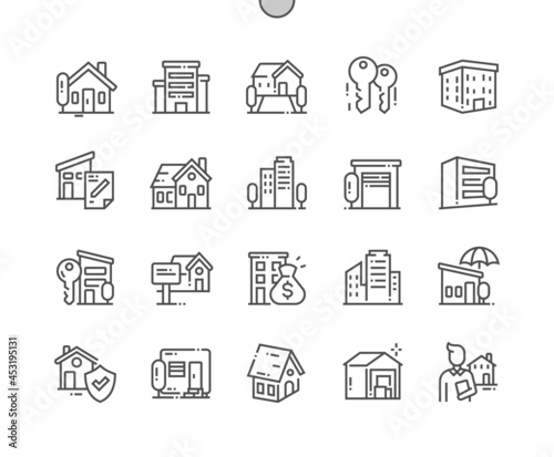 Property. Building, house, agreement and warehouse. Property protection. House for sale. Pixel Perfect Vector Thin Line Icons. Simple Minimal Pictogram © palau83