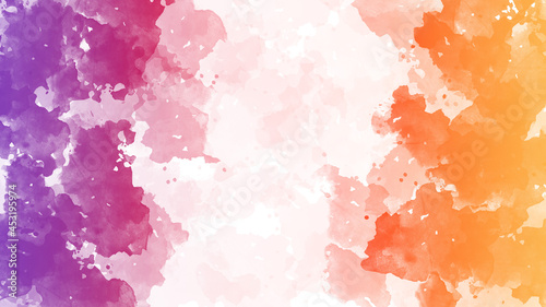 Watercolor texture border with blue, purple, red and yellow sunset colors on white background, digital watercolor splatter in soft paint splatter stripes design