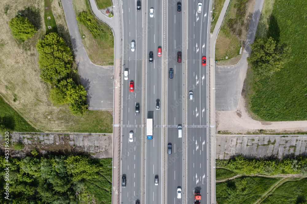 Drone aerial view of S8 road next to General Stefan Grot Rowecki Bridge in Warsaw capital city, Poland Drone aerial view of S8 road next to General Stefan Grot Rowecki Bridge in Warsaw capital city, Poland