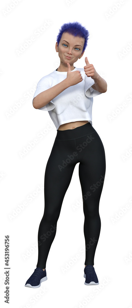 Illustration of a young woman with purple hair holding two thumbs up isolated on a white background. Illustration of a young woman with purple hair holding two thumbs up isolated on a white background.