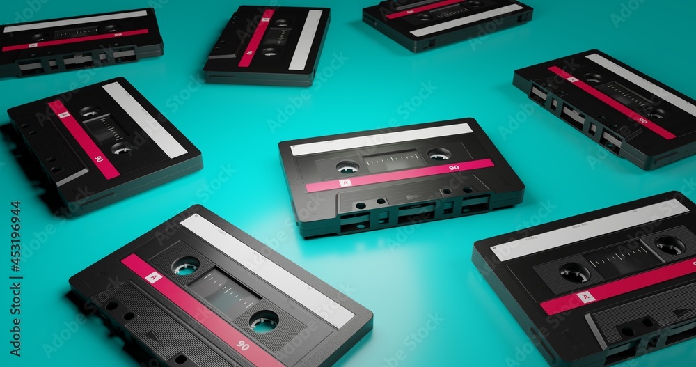 isolated background image of group of old classic cassette tape with blank label in vintage and retro audio recording and music storage concept