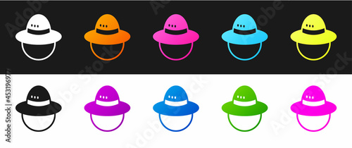 Set Camping hat icon isolated on black and white background. Beach hat panama. Explorer travelers hat for hunting, hiking, tourism. Vector