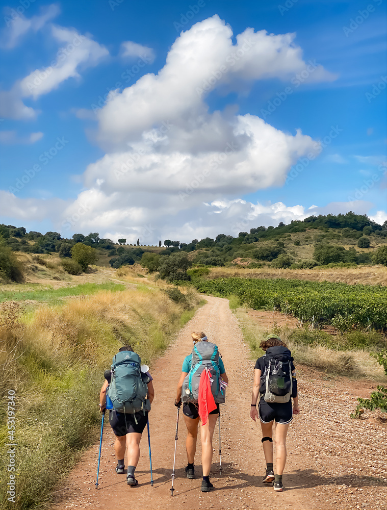 Three Pilgrim Women Walking the Way of St James Pilgrimage Trail Camino de Santiago through the Picturesque Landscapes of La Rioja