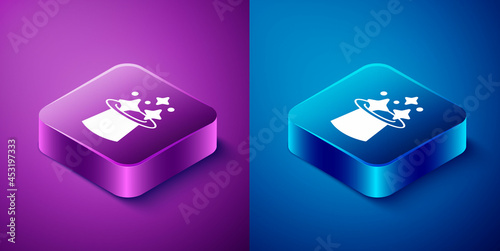 Isometric Magic hat icon isolated on blue and purple background. Magic trick. Mystery entertainment concept. Square button. Vector