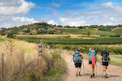 Foto Pilgrims with Hiking Gear Walking past Vinyeards of La Rioja along the Way of St
