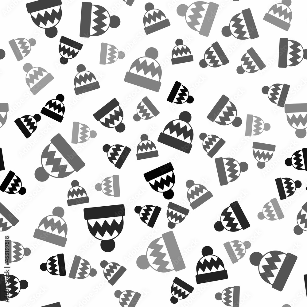 Black Beanie hat icon isolated seamless pattern on white background. Vector