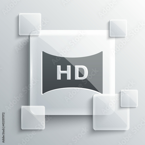 Grey Hd movie, tape, frame icon isolated on grey background. Square glass panels. Vector