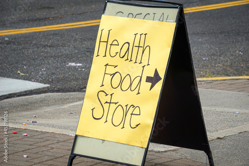 Health food store sign on board photo