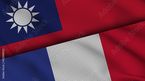 Taiwan and France Flags Together, Wavy Fabric, Breaking News, Political Diplomacy Crisis Concept, 3D Illustration