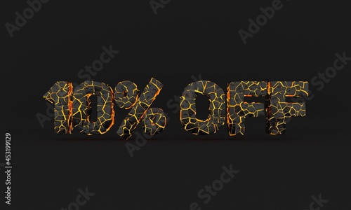 50% off word. Broken sign. Black and yellow 3d text with cracked volcanic lava effect. Black friday concept. 