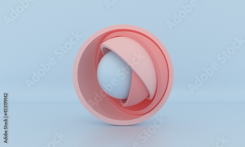 Minimal 3d design, ball hidden inside pastel pink hemispheres, opening layers. Abstract geometric objects. Modern and futuristic image