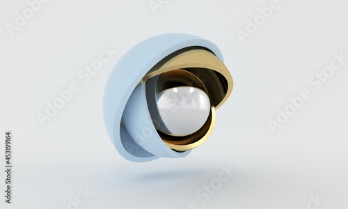Fototapeta Naklejka Na Ścianę i Meble -  Minimal 3d design, silver ball hidden inside pastel  hemispheres, opening layers. Abstract geometric objects. Modern and futuristic image