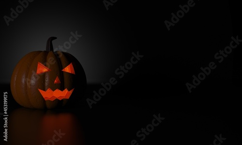Halloween greeting card or banner background. Seasonal special poster. Pumpkin lantern with candle in the dark with space for text. Ideal for party invitation or sale web