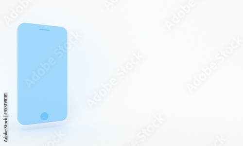 Pastel Blue Smartphone with label and space for text in minimalistic style. Concept of social media, social networks, advertising , technology and marketing