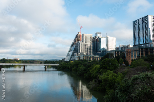Downtown Austin Texas Views of LadyBird Lake on A Sunny Day with White Clouds 
