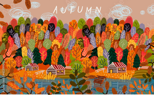 autumn landscape and orange forest. Vector illustration of trees, nature, village, houses, lake and leaves. Drawing for background, pattern or banner