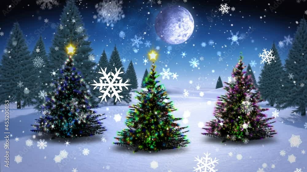 Animation of snow falling over christmas trees in winter scenery Animation of snow falling over christmas trees in winter scenery