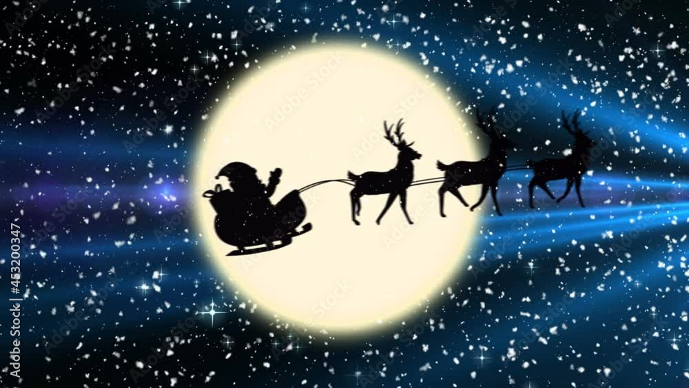 Santa claus in sleigh being pulled by reindeers against shining stars an moon in the night sky Santa claus in sleigh being pulled by reindeers against shining stars an moon in the night sky