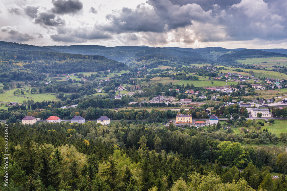 Aerial view of Szczytna town from Szczytnik mountain in the region of Lower Silesia, Poland